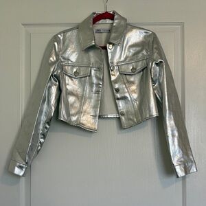 Zara Metallic Silver Cropped Jacket